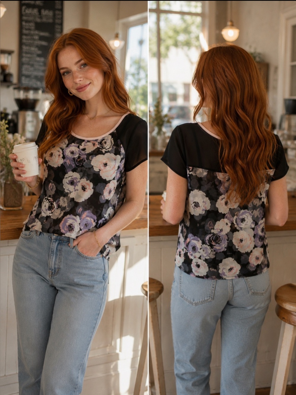 American Eagle Outfitters Floral Chiffon Short Sleeve Top - Black/Pink